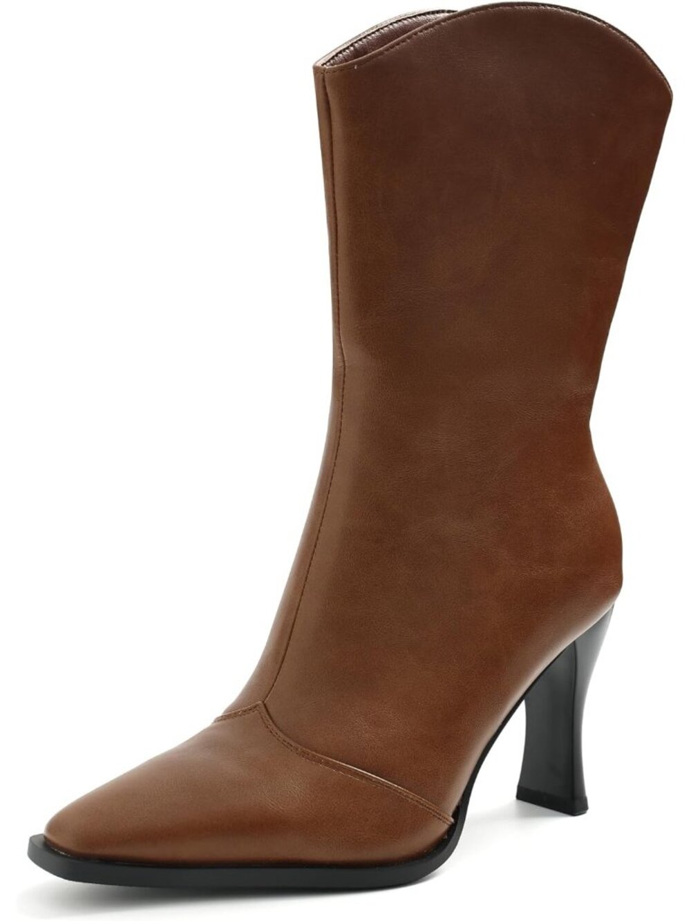Women's Brown Comfortable  Square Toe Mid Calf 3.6 inch High Heel Mid Calf Boots